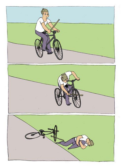 The meme where a person puts a stick into the wheel while riding a bike.